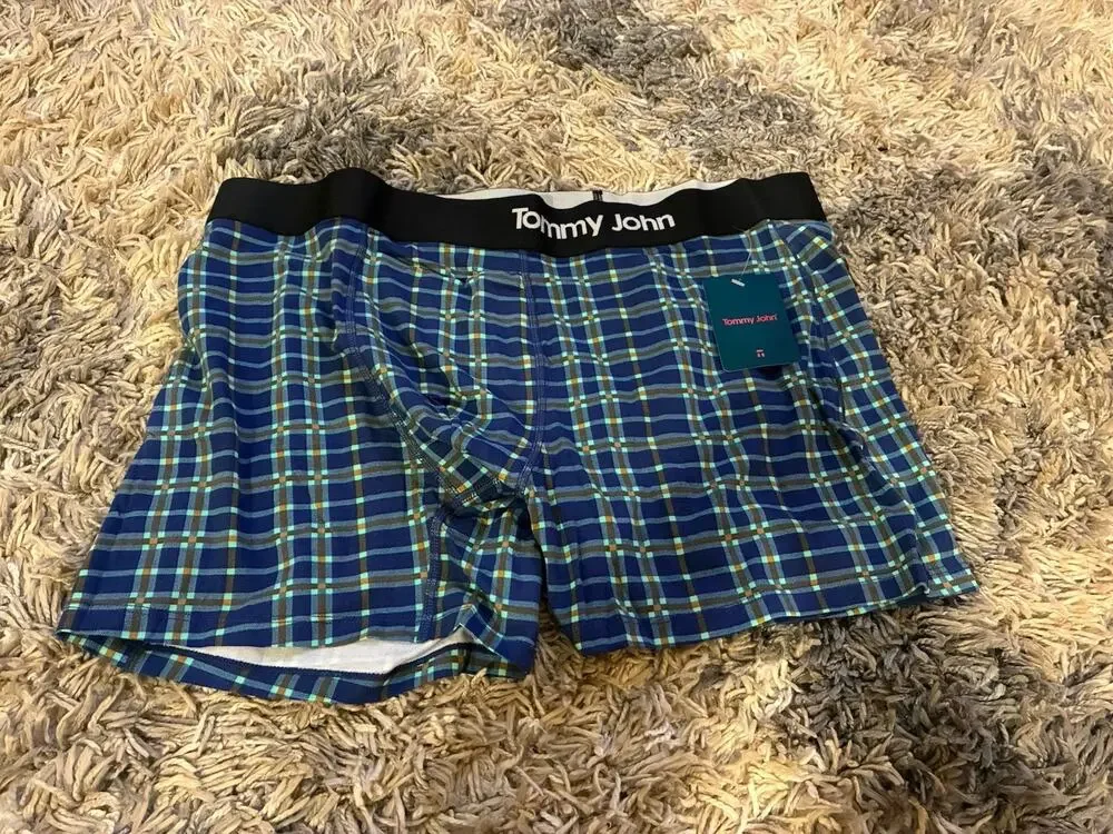 Tommy John Mens XXL Cool Cotton 4'' Boxer Briefs Estate Blue Garden Plaid NWT